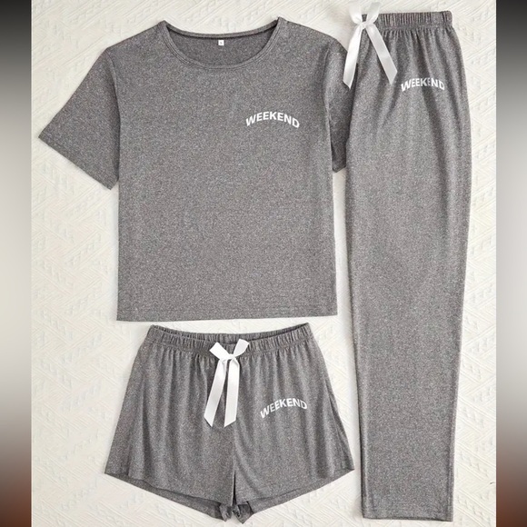 NEW 3-Piece Loungewear, PJ Set, Top, Shorts & Pants w/ WEEKEND" Print L - Picture 2 of 5